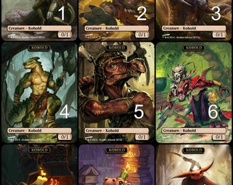 Op de afbeelding: Negen geïllustreerde kaarten met verschillende kobolds, een type wezen uit fantasy-rollenspellen. Elke kaart heeft een nummer van 1 tot 9, het woord "Kobold" bovenaan en de tekst "Creature - Kobold" onderaan.