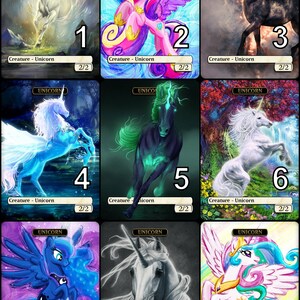 May include: Nine different illustrations of unicorns, each with a unique design and color scheme. The unicorns are depicted in various poses, including standing, running, and flying. The illustrations are all in a cartoon style and feature bright colors.