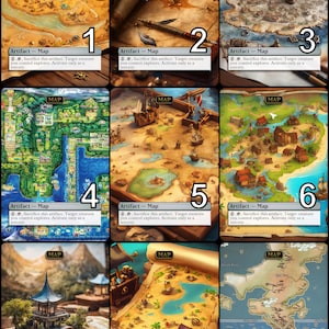 May include: Nine illustrated maps with a parchment-like texture, each with a unique design and a text box that reads "Artifact - Map" and "1., Sacrifice this artifact: Target creature you control explores. Activate only as a sorcery."