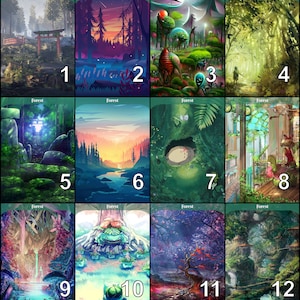 Puede incluir: Un collage de 12 escenas de bosque diferentes, cada una con un estilo y una paleta de colores únicos. Las escenas incluyen un bosque de estilo japonés con una puerta torii roja, un bosque al atardecer con una cascada, un bosque con un hongo gigante y un bosque con una casa.