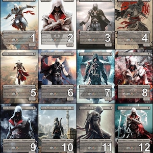 May include: Twelve trading cards featuring a character from the Assassin's Creed video game series. Each card has a different image of the character, Ezio Auditore da Firenze, and a number from 1 to 12. The cards are all in a similar style, with a black background and white text.
