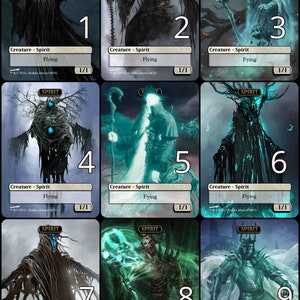 Może przedstawiać: Dziewięć różnych kart duchów z czarnymi i niebieskimi ilustracjami. Każda karta ma napis "Spirit" u góry i tekst "Creature - Spirit" oraz "Flying" w lewym dolnym rogu. Karty są ponumerowane od 1 do 9.