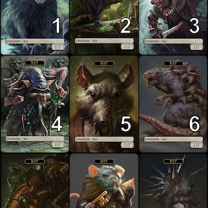May include: Nine illustrated cards featuring different rat characters. Each card has the word "RAT" at the top and the number 1 through 9 at the bottom. The cards are all in a grid format.