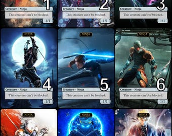 Op de afbeelding: Negen fantasy art trading cards met ninja-personages. Elke kaart heeft een unieke illustratie van een ninja in actie, genummerd van 1 tot en met 9. De kaarten hebben het woord "NINJA" bovenaan en tekst onderaan.