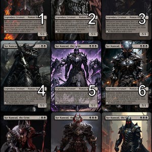 Pode incluir: Nove ilustrações em preto e branco de um personagem de fantasia, Syr Konrad, o Grim, com uma armadura preta e vermelha e uma espada. O personagem é um cavaleiro humano com uma expressão sombria. As ilustrações são numeradas de 1 a 9.