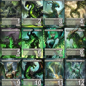May include: A collection of twelve fantasy art cards featuring various Elder Dragons from the "Witherbloom, the Balancer" series. Each card showcases a unique dragon or character design with a green and black color scheme. The cards include text describing the creature's abilities.