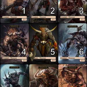 May include: Nine illustrated cards featuring Minotaurs, a creature from Greek mythology, with different poses and backgrounds. Each card has the word "Minotaur" at the top and the text "Creature - Minotaur" at the bottom. The cards are numbered 1 through 9.