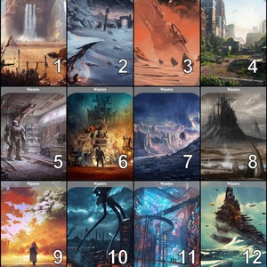 以下が含まれることがあります： 12枚の異なる画像が、それぞれユニークなスタイルとカラーパレットで、ポストアポカリプスの風景を描いています。画像には、廃墟となった都市、荒涼とした荒れ地、未来的な風景など、さまざまなシーンが描かれています。