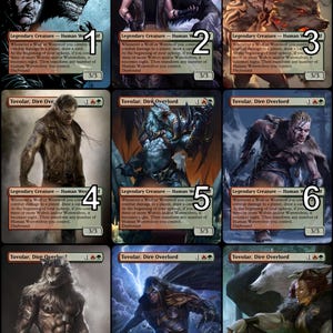 Puede incluir: Nueve cartas de intercambio con un hombre lobo y un personaje humano llamado Tovolar, Dire Overlord. Cada carta tiene un número diferente del 1 al 9. Las cartas están sobre un fondo de fantasía oscura.