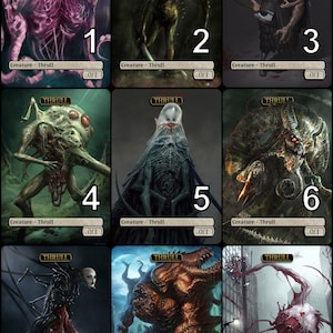 Op de afbeelding: Een verzameling van negen rechthoekige ruilkaarten in een raster, elk bovenaan gelabeld met THRILL en onderaan met Creature - Thrill 0/1. Elke kaart bevat een gedetailleerde digitale illustratie van een uniek, grotesk monster.