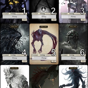 Puede incluir: Nueve cartas de criatura Inkling en blanco y negro con las palabras "INKLING" y "Creature - Inkling" impresas en cada carta. Cada carta tiene una criatura Inkling diferente con las palabras "Flying" y "2/1" impresas en cada carta.