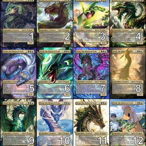 May include: Twelve trading cards featuring dragon illustrations. Each card has a unique dragon design with varying colors, including green, blue, purple, and gold. The text "Teval, the Balanced Scale" and other game-related text are visible on each card.