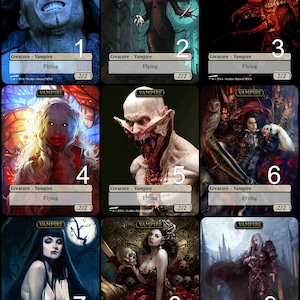 May include: A collection of nine trading cards featuring diverse vampire illustrations. Each card displays the text VAMPIRE, Creature - Vampire, Flying, and 2/2. The artwork depicts various gothic, dark fantasy characters in red, black, and blue tones.