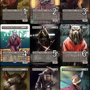 Op de afbeelding: Negen ruilkaarten met ratachtige wezens in verschillende poses en outfits. Elke kaart heeft de tekst "Ashcoat of the Shadow Swarm" en "Legendary Creature - Rat Warlock". De kaarten hebben een kracht en taaiheid van 3/4.