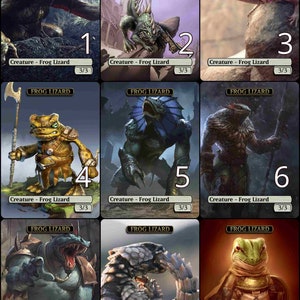 Puede incluir: Nueve cartas ilustradas con diferentes criaturas de lagarto rana. Cada carta tiene el texto "FROG LIZARD" en la parte superior y un número del 1 al 9 en la esquina inferior derecha. Las cartas están todas en un formato de cuadrícula.