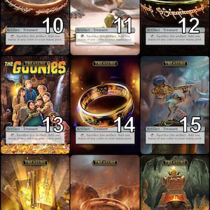 May include: A set of 18 collectible cards featuring various fantasy and pop culture themes. Each card depicts a unique image and has a text box with the words "Artifact - Treasure" and a mana cost. The cards are numbered 10 through 18.