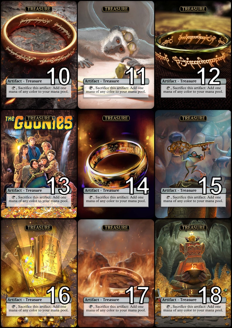 May include: A set of 18 collectible cards featuring various fantasy and pop culture themes. Each card depicts a unique image and has a text box with the words "Artifact - Treasure" and a mana cost. The cards are numbered 10 through 18.