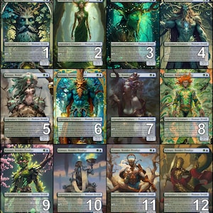 May include: A collection of twelve fantasy art trading cards featuring the character "Kinnan, Bonder Prodigy." Each card showcases a different illustration of the character, with various color schemes and designs. The cards are labeled with numbers and include text.