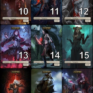 May include: A set of 18 trading cards featuring illustrations of vampires. Each card has a number, a title, and a description. The cards are in a grid format.