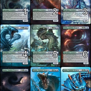 May include: Nine trading cards featuring a blue and green serpent creature with the text "Koma, Cosmos Serpent" and "Legendary Creature - Serpent". The cards are numbered 1 through 9.