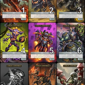 May include: Nine fantasy art cards featuring Goblin Construct characters. Each card has a unique illustration of a goblin-like creature in various mechanical or armored forms. The cards have a white border and include text at the bottom.