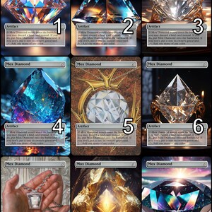 May include: Nine colourful Mox Diamond cards from the Magic: The Gathering trading card game. Each card features a different depiction of a diamond, with a gold frame and text that reads "Mox Diamond". The text on each card reads "If Mox Diamond would enter the battlefield, you may discard a land card instead. If you do, put Mox Diamond onto the battlefield. If you don't, put it into its owner's graveyard. Add one mana of any colour."