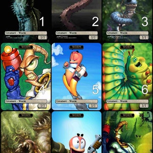 May include: Nine colorful trading cards featuring cartoon worms with different backgrounds and text that reads "WORM" and "Creature - Worm 1/1".