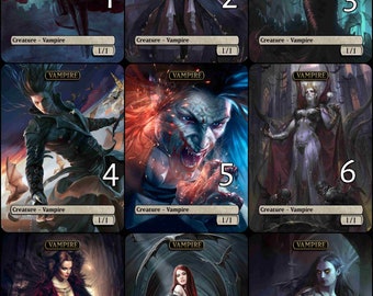 May include: Nine illustrated cards featuring vampires with different poses and expressions. Each card has the word "Vampire" at the top and a number from 1 to 9 in the bottom right corner.