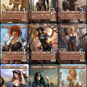 Könnte beinhalten: Neun Sammelkarten mit einer weiblichen Piratenfigur in einem rot-schwarzen Outfit, die ein Schwert und eine Pistole hält. Die Karten sind vor dem Hintergrund eines Piratenschiffs und einer tropischen Insel platziert. Der Text auf den Karten lautet "Kari Zev, Skyship Raider".