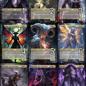 May include: Nine fantasy art trading cards featuring elf-like characters. Each card showcases a different female figure with unique features, including horns, wings, and various color schemes. The cards are labeled "Maralen, Fae Ascendant."