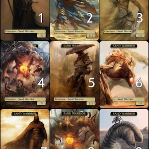 May include: Nine illustrated cards featuring different sand warriors, each with a unique design and a number from 1 to 9. The cards are all in a similar style, with a brown background and a black border.