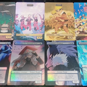 May include: Six custom Magic: The Gathering cards featuring characters from the anime Naruto. The cards are holographic and feature different characters from the show, including Naruto, Sasuke, and Kakashi. The cards are all in the same style and have a similar design.