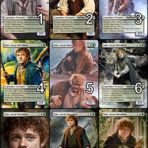 May include: Nine trading cards featuring a character from the Lord of the Rings. Each card has a different image of the character and a number from 1 to 9. The cards are all the same size and shape, and they have a white background.