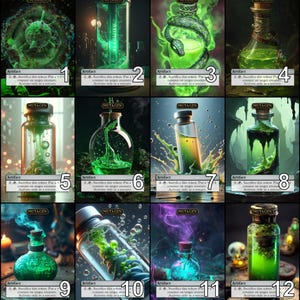 Puede incluir: Una colección de doce cartas de artefactos de fantasía, cada una con una botella o recipiente de vidrio diferente lleno de líquido verde brillante. Las cartas tienen la palabra "MUTAGEN" en la parte superior e incluyen texto en la parte inferior.