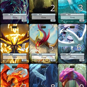 Peut inclure: Neuf illustrations d'oiseaux colorés avec le mot "BIRD" dans un cadre blanc en haut de chaque carte. Chaque carte porte un numéro de 1 à 9 dans le coin inférieur droit. Le texte "Creature - Bird" et "Flying" sont dans des cadres blancs en bas de chaque carte. Le texte "2/2" est dans un cadre blanc dans le coin inférieur droit de chaque carte.