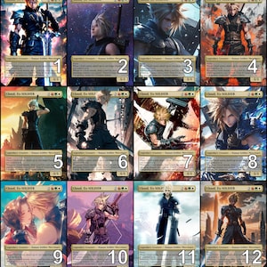 Peut inclure: Une collection de douze cartes à collectionner mettant en vedette le personnage Cloud de Final Fantasy VII. Chaque carte présente une illustration différente de Cloud, avec des poses et des arrière-plans variés. Les cartes ont un schéma de couleurs vert et or.