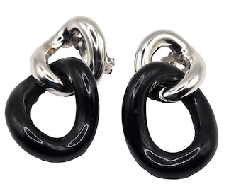 Vintage Givenchy Signed Black and Silver Large Link 2" dangle Clip Earrings