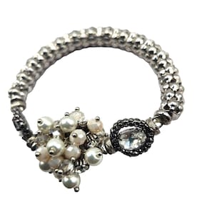 Pretty Silver Tone Faux Pearl crystal bead and Rhinestone textured Bracelet