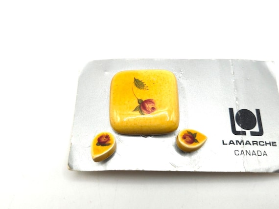 NOS Lamarche Canada Brooch & Earrings Set Ceramic Rose Hand Painted VTG
