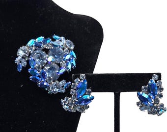 Sherman Sapphire Blue Rhinestone Brooch and Clip Earring Set