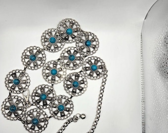 Turquoise Blue Stone Round Silver Chain Belt Fits most