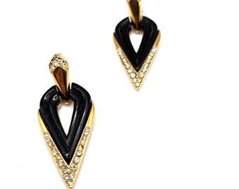 Vintage Oscar de la Renta signed ClipOn Earrings Black Enamel Gold-Tone Crystal