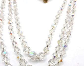 Seltene 1940s Kristall Halskette und florale Strass Gold Ohrclips