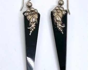 Art Deco Onyx and sterling Hook Earrings 2 inches long