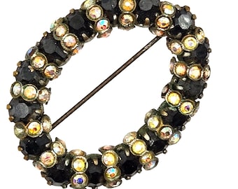antique 1920s Brooch with Jet and Foil Glass Rhinestones just over 1.5 inch