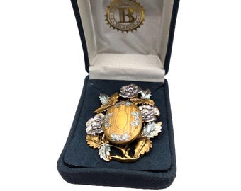 Antique Victorian Locket Brooch Floral Gilt Brass C-Clasp Handcrafted c.1880s