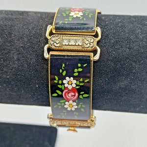 Bracelet floral vintage peint à la main damasquiné doré fabriqué en Espagne