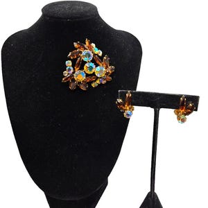 Vintage Amber Tones Navette & Aurora Borealis Rhinestone Brooch and Earring Set