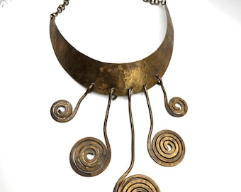 Vintage Brass Swirl Statement Necklace: Handmade Designer Collar