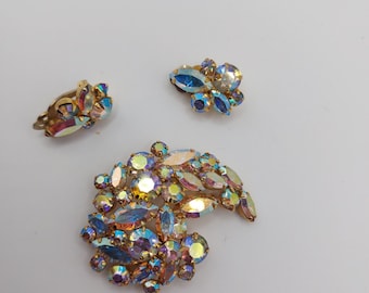 Sherman AB Crystal Brooch and earring set Demi Parure 2.25" brooch 1" earrings